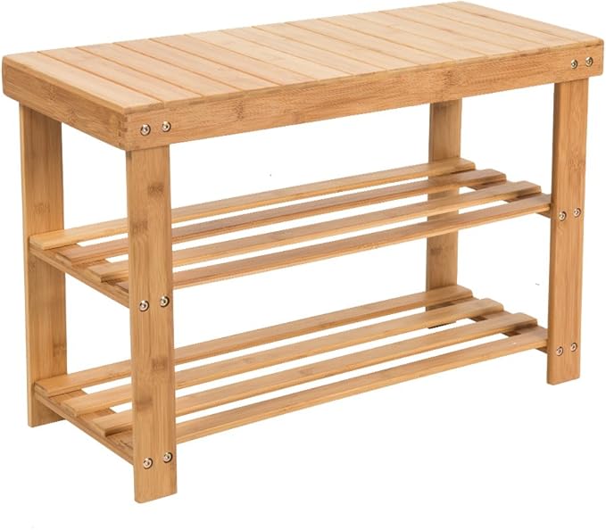 SMAGREHO Natural Bamboo Shoe Bench 2 Tier Shoe Rack Organizer Entryway Seat Storage Shelf