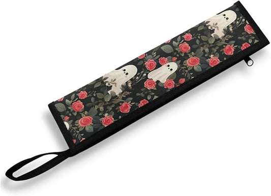 COEQINE Vintage Rose Ghost Portable Utensils Case Cute Pink Flower Fashion Silver Storage Case Tableware Case With Handles,Machine Washable Fit 11.8 x 2.7