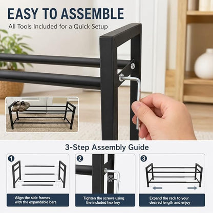 Expandable 2-Tier Shoe Rack Adjustable Shelf Organizer for Entryway Closet Freestanding Narrow Shoe Storage Cabinet for Small Spaces Holds 4-10 Pairs Heels Sneakers (Black, 2 Tier)