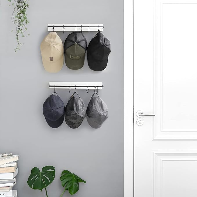 Mkono Hat Rack for Wall Wooden Baseball Caps Organizer with 20 Hooks Rustic Cowboy Hat Hanger Wall Mounted Caps Display Rack for Closet Bedroom Entryway, Set of 2, White