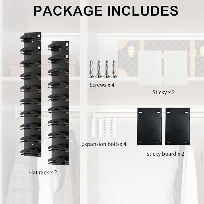G GENLEAS 2 Pack 10 Hat Organizer for Baseball Caps, Hat Rack for Wall with Strong Adhesive, Cap Organizer for Door, Bedroom, Closet (Black)