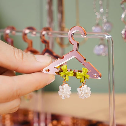 NiHome Acrylic Earring Holder with Unique Double-Tiered Design, Cute Miniature Clothing Hangers with Spacious Storage for 48 Pairs, Display for Home Vanity & Retail Showrooms (Rose Gold, With Tray)
