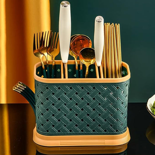 Countertop Cutlery Drying Holder Utensil Holder Cutlery Drainer Tableware Holder Box Tabletop Separated Fork Chopstick Kitchen Storage Cutlery Utensil Organizer (Green)