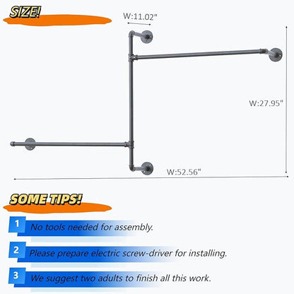 Industrial Pipe Clothing Rack Wall Garment Rack with Pipe Clothes Rails, Multi-Purpose Heavy Duty Clothing Hanging Rods Space-Saving Clothes Bar Organizer Closet (wall clothing rack-2 hanging rods)