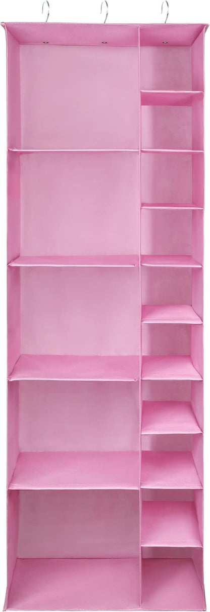 Libeder Shoe Organizer for Closet, 15 Shelf Hanging Closet Storage Shelves - 10 Shoe Rack Organizer and 5 Compartment for Clothes with 6 Side Mesh Pockets for Scarves Socks,Gloves Pink