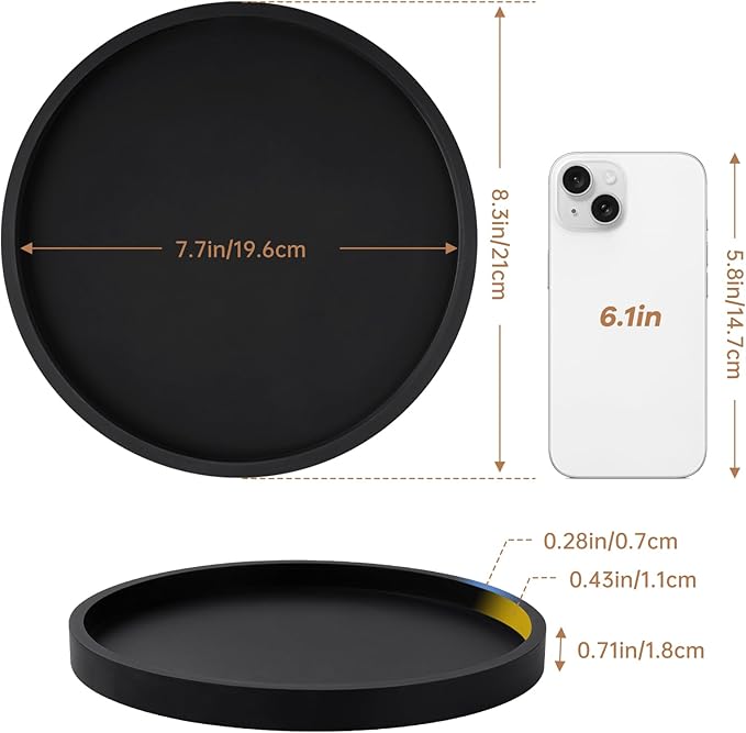 NiHome Thickened Silicone Vanity Organizer Tray for Bathroom Accessories, Kitchen Countertop, Living Room Decor, Multipurpose Shatter-Resistant Round Tray Decor for Candle Perfume Soap Plant (Black)