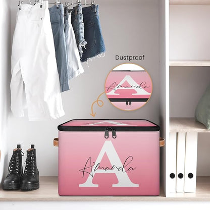 Custom Initial Name Storage Bins, Personalized Foldable Storage Basket Boxes with Zipper Lid&Handle, Customized Shelf Basket Cube, Gradient Pink