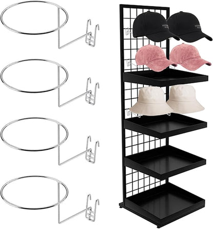Hat Displayer for Gridwall, 6PCS Hat Hanger Gridwall Hooks Metal Hat Holder Wall Mounted Gridwall Hat Helmet Rack Hat Display Shelves Organizer Grid Plate Hook for Cowboy Hat Cap Wigs