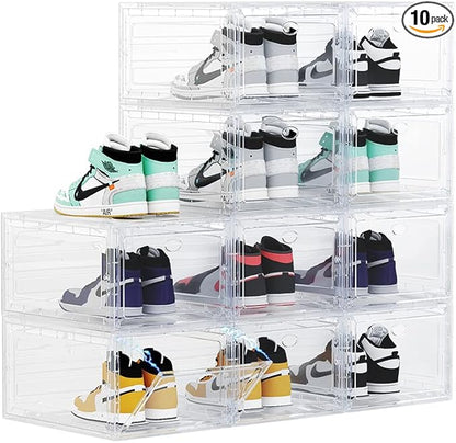 Large Clear Plastic Shoe Boxes Stackable Organizing Sneaker, 10 Pack Drop Front Shoe Storage Boxes for Closet, plastic shoe storage entryway for Size 12 (Clear 10 Pack)