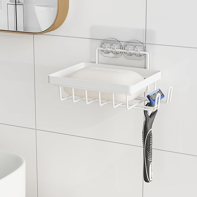 White Soap Dish for Shower Wall, Adhesive Self Draining Shower Bar Soap Holder Container Caddy Saver with 2 Hooks for Razor Loofah, Shampoo Sponge Tray Case Box for Bathroom Kitchen Sink