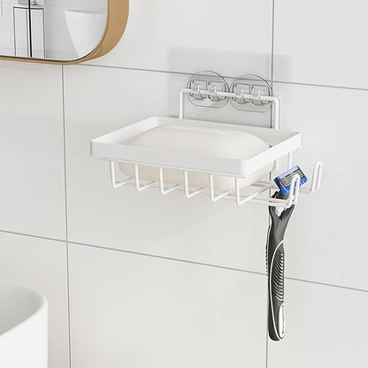 White Soap Dish for Shower Wall, Adhesive Self Draining Shower Bar Soap Holder Container Caddy Saver with 2 Hooks for Razor Loofah, Shampoo Sponge Tray Case Box for Bathroom Kitchen Sink