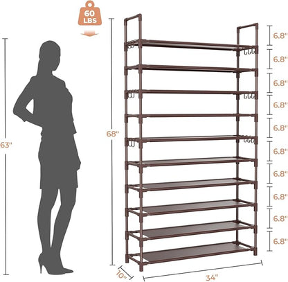 LANTEFUL Tall Shoe Rack 10 Tier Shoe Organizer Large Shoe Shelf with 18 Hooks Storage for 50 Pair Sneaker and Boot, Stackable Vertical Shoe Rack Organizer for Closet, Entryway, Bedroom, Brown