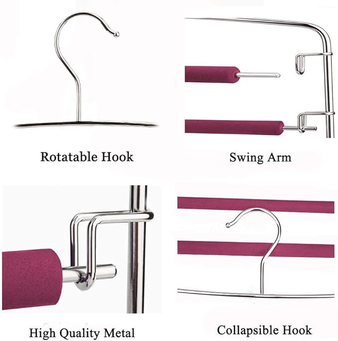 Swing Arm Pant Hangers 2 Pack Non-Slip Multi Layers Removeable Stainless Steel Pant Jean Slack Hangers Foam Padded Rotatable Hook for Space Saving Clothes Trousers Closet Organizer