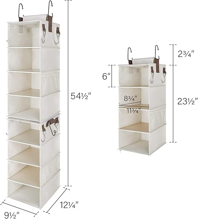 StorageWorks Hat Rack 8-Shelf Hanging Hat Organizer, Two Separate 4-Shelf Hat Storage, Baseball Cap Organizer for Closet, Canvas, Beige, 12 ¼"D x 9 ½"W x 54 ½"H