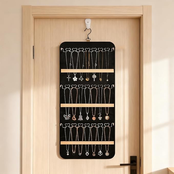 48 Pocket Oxford Fabric Double Sided Hanging Rotating Jewelry Organizer, Bracelet Necklace Jewelry Display Hanger for Closet Door, Earring Dustproof Holder Wall Mount Accessories(Black)