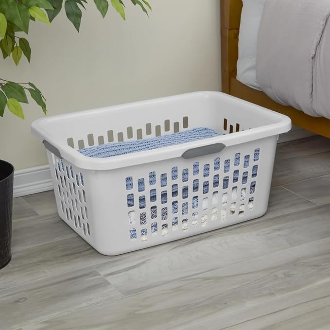 Large Plastic Laundry Basket, Clothes Hamper, Rectangle Bin with Grip Handles, for Home, Dorm, and Apartments, White, 2 Bushel Capacity