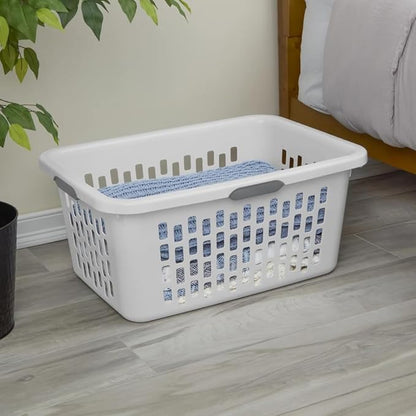 Large Plastic Laundry Basket, Clothes Hamper, Rectangle Bin with Grip Handles, for Home, Dorm, and Apartments, White, 2 Bushel Capacity