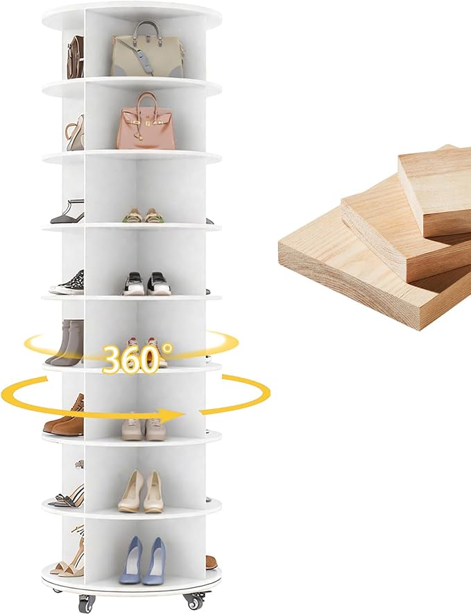 8 Tier Rotating Shoe Rack, Shoe Tower Organizer with 4 Universal Casters, Spinning Lazy Susan Display Storage Rack Round Carousel Vertical Handbag Closet (White, 23.6’’×23.6’’×74’’)