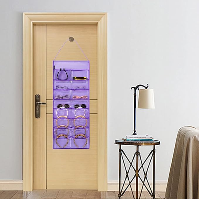 Wall Hanging Headband Organizer Ribbon Hair Hoops Storage Hairbands Hair Accessory Holder with Clear Pockets (PURPLE-16 POCKETS)