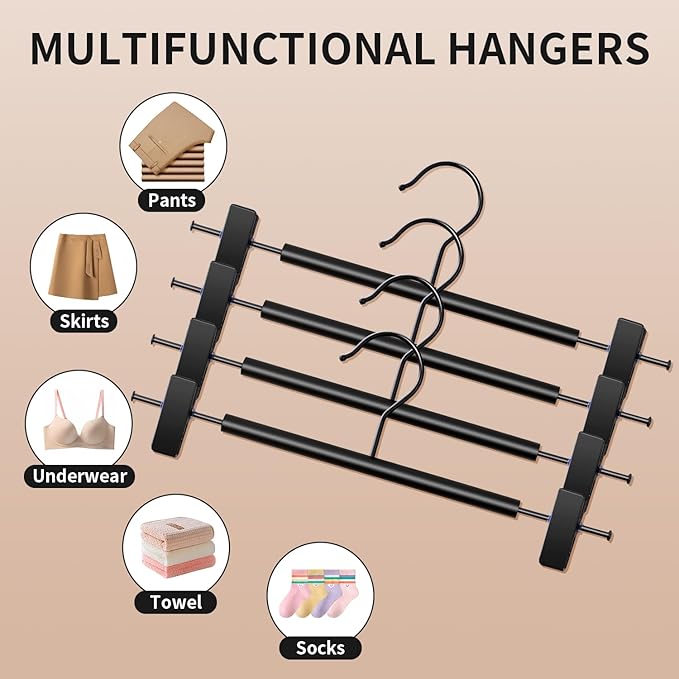 Wooden Pants Hangers with Clips 14Inch 20 Pack Adjustable Wood Skirt Hangers for Women&Men Space Saving Closet Non Slip Clothes Hanger for Jeans,Trousers,Short,Black