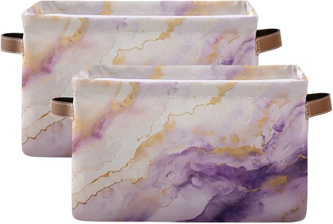 Large Storage Basket Purple Gold Marble Storage Bin Cube Canvas Fabric Organizer Handles Collapsible for Clothes Toys Bedroom Decorative