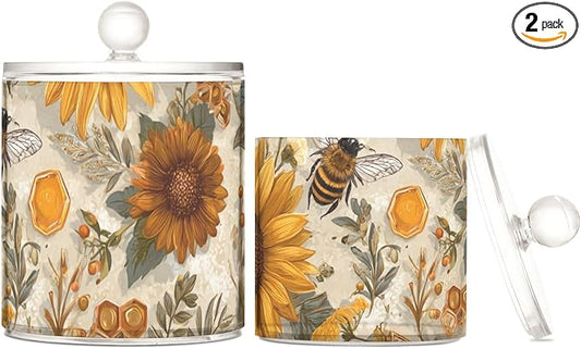 2 Pack Qtip Dispenser Apothecary Jars with Lids Cotton Round Holder Bathroom Canisters for Cotton Swab Floss Ball Pads Clear Plastic Decorative Vintage Bees Sunflowers Daisy