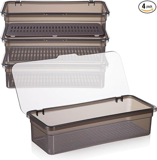 4 PCS Flatware Tray with Lid and Drainer, Silverware Tray with Lid, Plastic Utensil Drawer Organizer, Clear Grey Cutlery Storage Container for Kitchen Home Travel