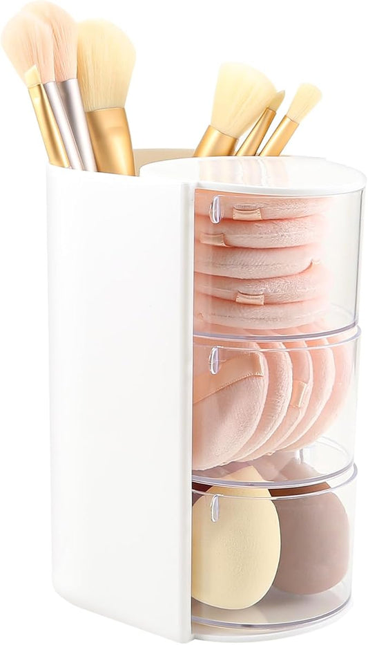DASITON 3-Layer Makeup Brush Holder with Hair Accessories Organizer, Rotatable Desktop Organizer Case for Hair Clip, Makeup Sponge, Jewelry and Hair Accessories, Hair Brush Holder for Vanity (White)