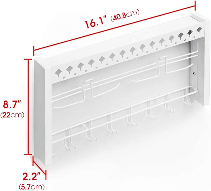 JackCubeDesign - Wood Wall Mount Jewelry Organizer with Metal Hooks for Necklaces, Ring, Earrings (White Wood) - MK460C
