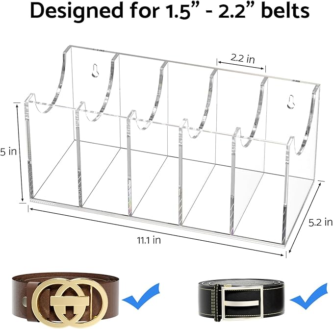 FEMELI Belt Organizer, Acrylic 5 Compartments Container Storage Holder, Clear Display Case for Closet Tie and Bow Tie