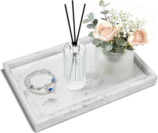 Pure Natural Marble Tray for Bathroom, Dresser, Sink. Cosmetics, toiletries, perfumes, Jewelry, Candles, etc. can be Placed (Starry White, 12" x 8" x 1.2")