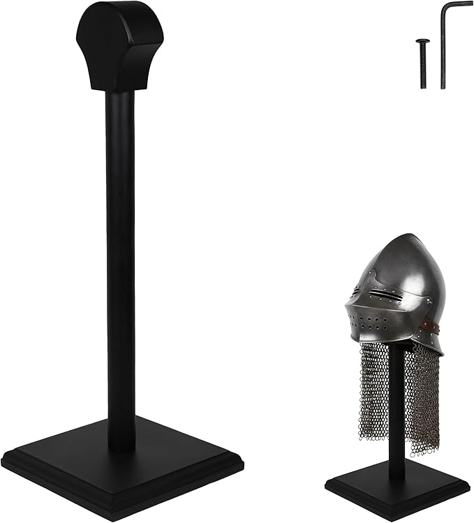 Mythrojan Wooden Helmet Stand Display Décor Stand For Spartan, Templar, Motorcycle, Caps, Hat Decorative Desktop Hanger Rack LARP Helmet Stand, 21 Inch - Black