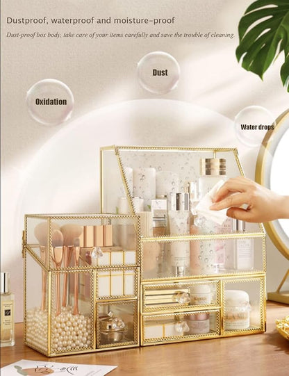 YUEHUA Makeup Organizer Glass Makeup Holder Bathroom Countertop Vanity Cosmetic Organizer for Lipsticks Skincare Toner Storage