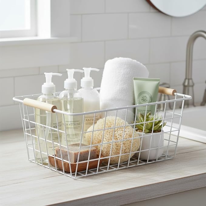 White Metal Wire Food Storage Basket with Wooden Handles for Organizing Snack Basket,Pantry Organizers and Storage for Kitchen Cabinets 4 Pack (Medium)