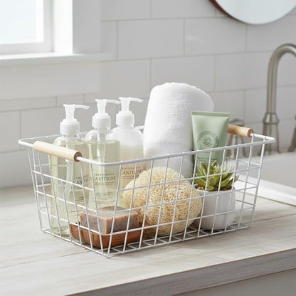 White Metal Wire Food Storage Basket with Wooden Handles for Organizing Snack Basket,Pantry Organizers and Storage for Kitchen Cabinets 4 Pack (Medium)
