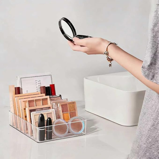 WECHENG Clear Acrylic Makeup Organizer for Eyeshadow Palette and Lipstick Organizer, 7 Slots Divided Makeup Palette Organizer for Vanity Countertop Drawer Cosmetics Storage(Closed-Sided Design)