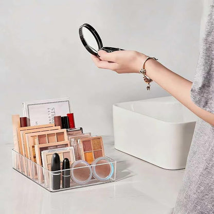 WECHENG Clear Acrylic Makeup Organizer for Eyeshadow Palette and Lipstick Organizer, 7 Slots Divided Makeup Palette Organizer for Vanity Countertop Drawer Cosmetics Storage(Closed-Sided Design)