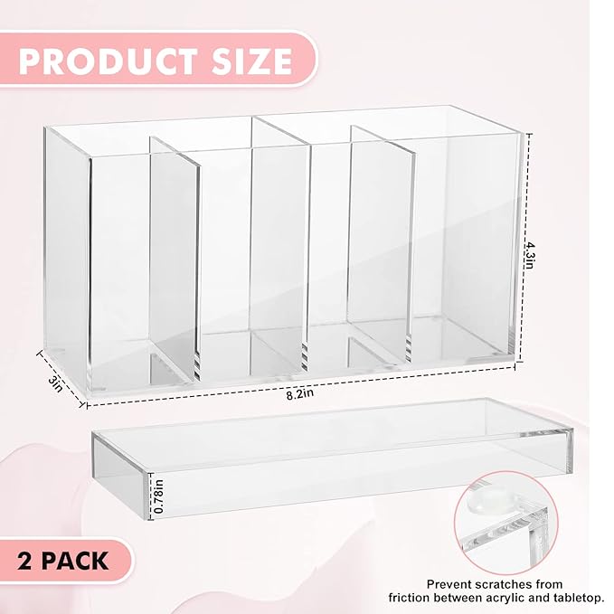 2 Pack 4 Compartment Acrylic Makeup Organizer with Lid Lash Cart Organizer for Lash Techs Bathroom Storage with 4 Tray Eyelash Mascara Brushes Supplies Brush Holder for Cosmetics or Office Supplies
