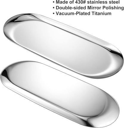 Silver Oval Vanity Tray, Stainless Steel Jewelry Tray, Bathroom Tray, Makeup Cosmetic Trays,Towel Napkin Tray,Storage Organizer,11.8 x 4.8 inches (L*W), Large