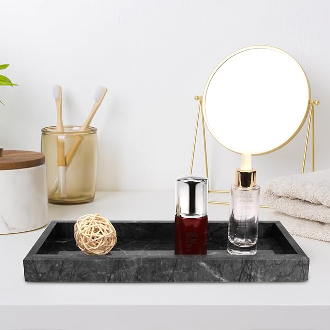Marble Bathroom Vanity Tray, Natural Luxury Vanity Home Kitchen Bathroom Table Tray, Stone Decorative Countertop Dresser Trays for Key Coffee Perfume Jewelry Makeup (Black, 12"x 5" x1.2")
