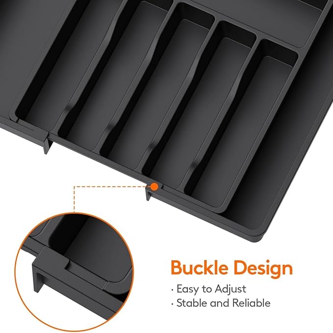 YWHWXB Silverware Drawer Organizer,Expandable Utensil Tray,Large Kitchen Drawer Organizer,Adjustable Plastic Flatware Organizer for Flatware Cutlery Spoon Knives Drawer Storage Organization (Black)