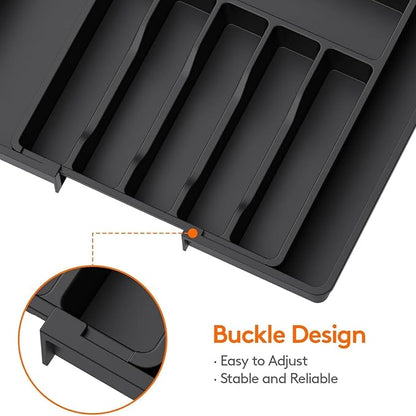YWHWXB Silverware Drawer Organizer,Expandable Utensil Tray,Large Kitchen Drawer Organizer,Adjustable Plastic Flatware Organizer for Flatware Cutlery Spoon Knives Drawer Storage Organization (Black)