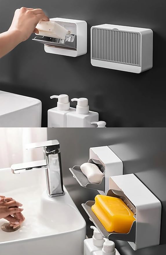 2 Pack Dust-Proof Soap Holder for Shower Wall, Adhesive Wall-Mounted Bar Soap Dish, No-Drill Plastic Soap Saver with Drain, xicveiuz White-Grey