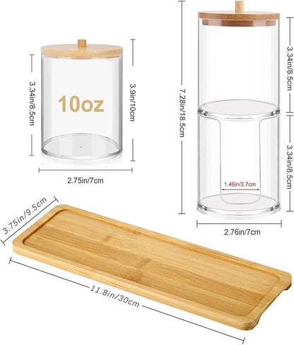 Qtip Holder Dispenser with Bamboo Lids and Vanity Tray - 10 oz Clear Plastic Apothecary Jar Containers for Vanity Makeup Organizer Storage - Bathroom Accessories Set for Cotton Swab, Ball, Pads, Floss