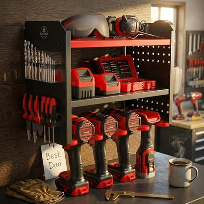 BUILTSTRONG Power Tool Organizer Wall Mount – 3-Tier Heavy-Duty Steel Rack, 4 Drill Slots, Pegboard + Utility Side, 100 lb Capacity – Garage, Workshop & Shed Storage (Red)