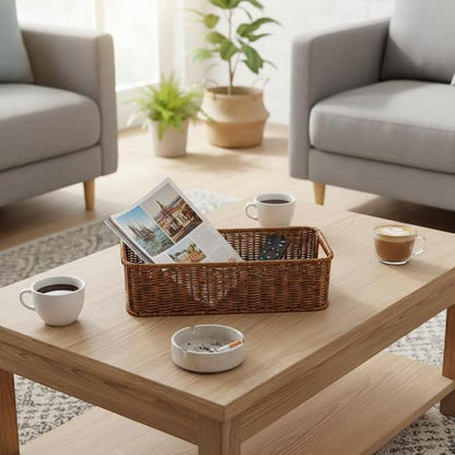 2pcs Toilet Tank Basket, Rectangular Wicker Shelf Basket for Organization, Waterproof Handwoven Toilet Paper Rolls Baskets for Bathroom Countertop, Storage Shelf, End Table (Coffee Brown)