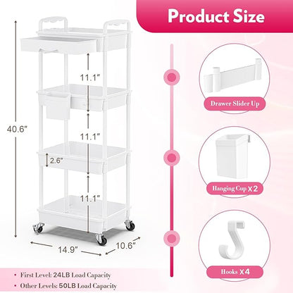 SUNALLY Makeup Cart Organizer with Drawers, 4 Tier Floor Skincare Organizers for Vanity, Rolling Makeup Bathroom Storage Cart Cosmetics Display Cases for Skin Care Perfume Nail Polish, White