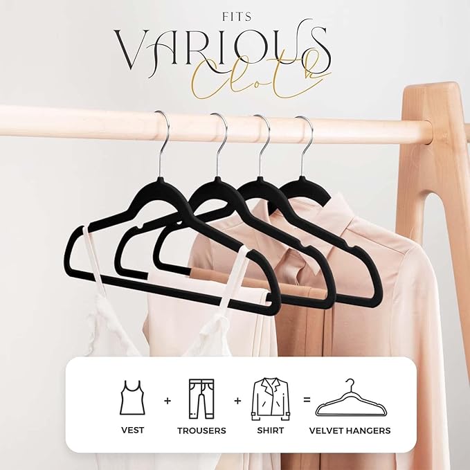 HOUSE DAY Black Velvet Hangers 60 Pack, Premium Clothes Non-Slip Felt Hangers, Velvet Skirt Hangers 24 Pack, Black Velvet Hangers with Adjustable Clips