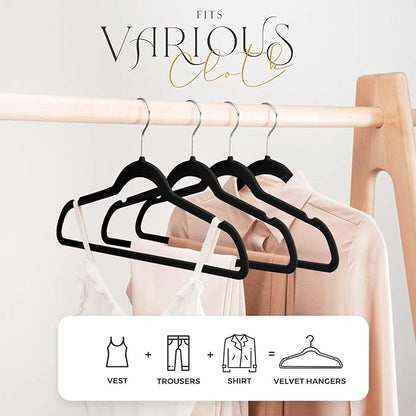 HOUSE DAY Black Velvet Hangers 60 Pack, Premium Clothes Non-Slip Felt Hangers, Velvet Skirt Hangers 24 Pack, Black Velvet Hangers with Adjustable Clips