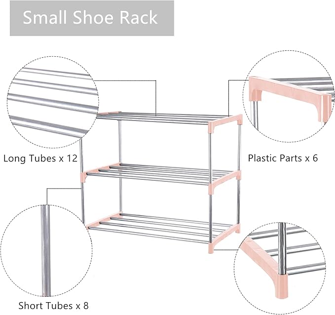 Small Shoe Rack, Narrow Stackable Shoe Shelf Organizer for Entryway, Doorway and Bedroom Closet (3-Tier, Pink)